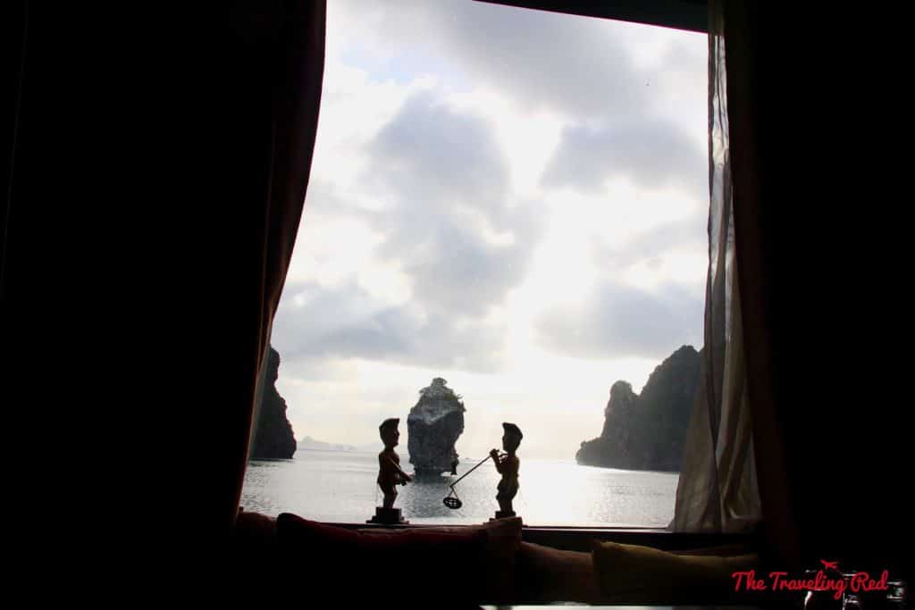 View from our bed in Vietnam. Romantic cruise in Bai Tu Long Bay, right next to Halong Bay, Vietnam, aboard the Dragon Legend Cruise ship. The best honeymoon destination in Asia. #Halongbay #Vietnam #cruise #honeymoon #honeymoondestination