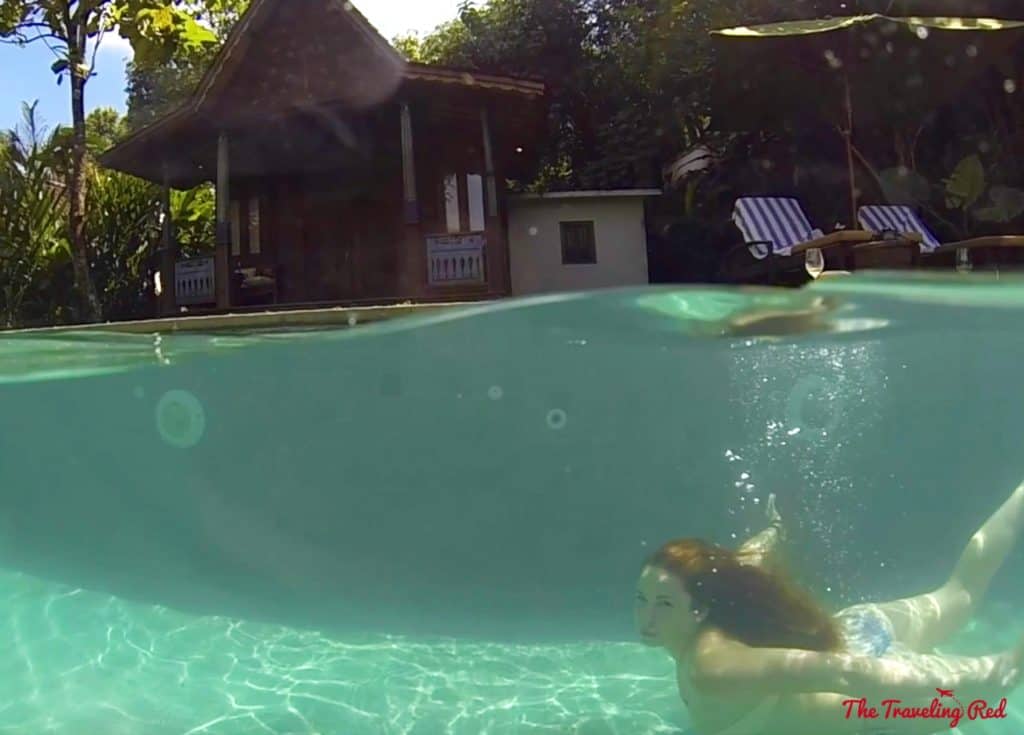 Underwater shot in our private pool of our cottage at the Plataran Hotel in Java, Indonesia. The most beautiful hotel on the island. Our private cottage with a private pool, overlooking the mountain. It's the perfect hotel to stay in for your visit to Borobudur Temple at sunrise. | Indonesia | Java | Plataran Hotel | Sunrise Tour | Borobudur Temple 