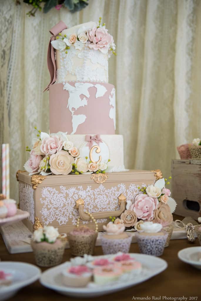 Vintage travel dream cake for my baby shower all in off white, beige and blush pink - We did 4 layers including an antique luggage, lace, flowers, a map and even a flower box with some pearls