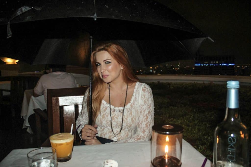 Hiding from the rain during dinner at Sirocco at the Lebua Hotel  | Bangkok | Thailand | Peninsula Hotel | Lebua Hotel | the dome Sky Bar from Hangover 2 | Peninsula Hotel | Temples | Wat Arun | Wat Pho | Grand Palace | Lord Jims at the Mandarin Oriental Bangkok |  Riding in a tuk tuk | Muay Thai at the Rajadamnern Stadium