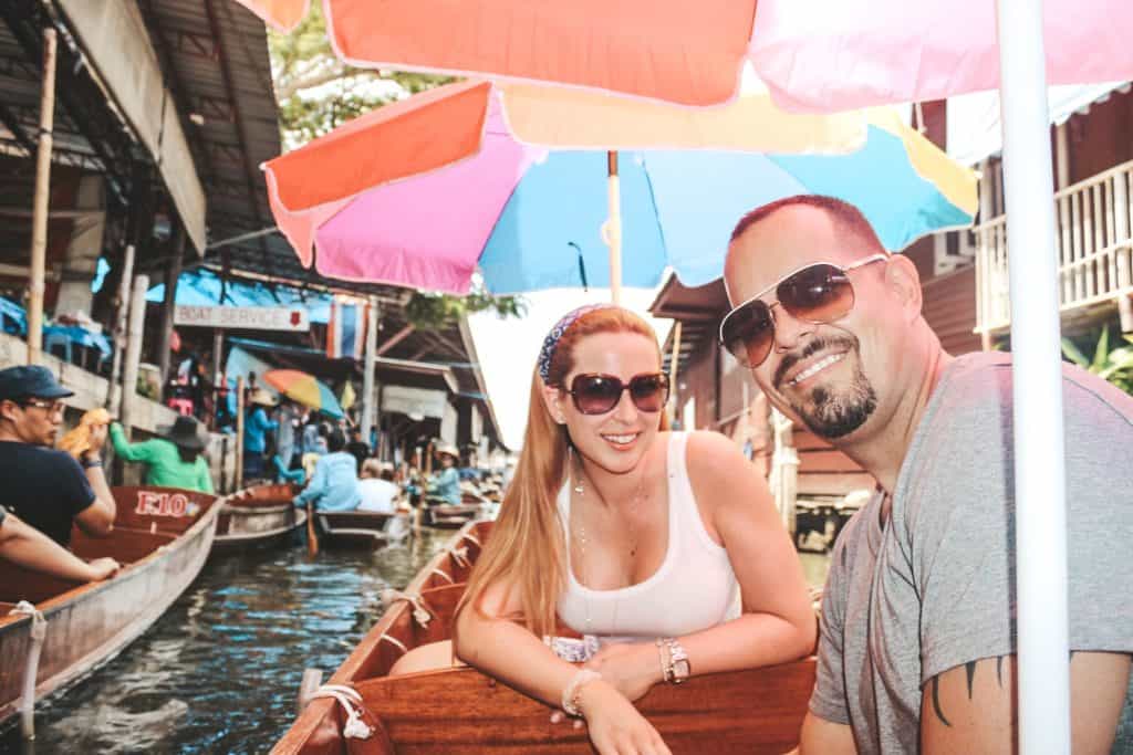 On our own boat in the floating market in Thailand... an entire market on the waterway and the vendors are each on their little boats. Tour of the Railway Market and Floating Market from Bangkok, Thailand. #bangkok #thailand #railwaymarket #floatingmarket