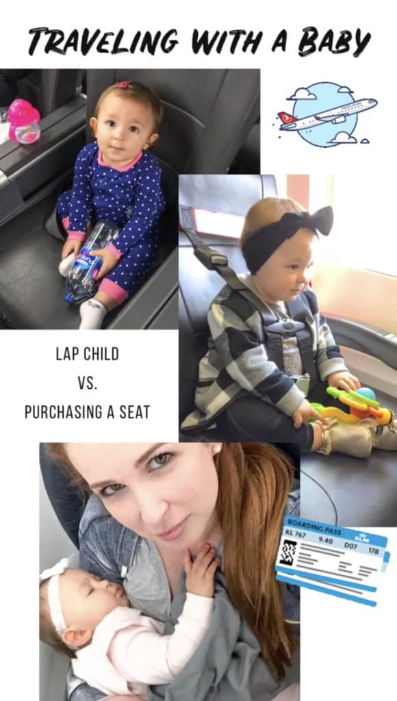 Deciding between purchasing a seat for a baby or carrying them as a lap child. The pros and cons of each. If purchasing a seat, an airplane harness is a great option. Turns a regular airplane seat into a carseat with a full harness. Much easier than carrying a car seat onto the plane and allows for a safe way to travel. #babytravel #travelkids #lapchild 