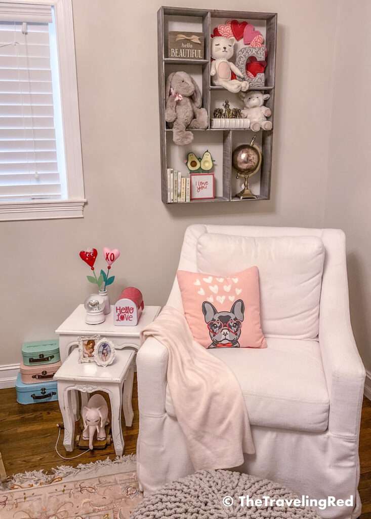 Valentine's Day Home Decor - Kids Room decor for a little girl, using a valentines day dog pillow from target, a mailbox and some fun decor for kids #valentinesdaydecor #homedecor #kidsroomdecor #valentinesdayhomedecor