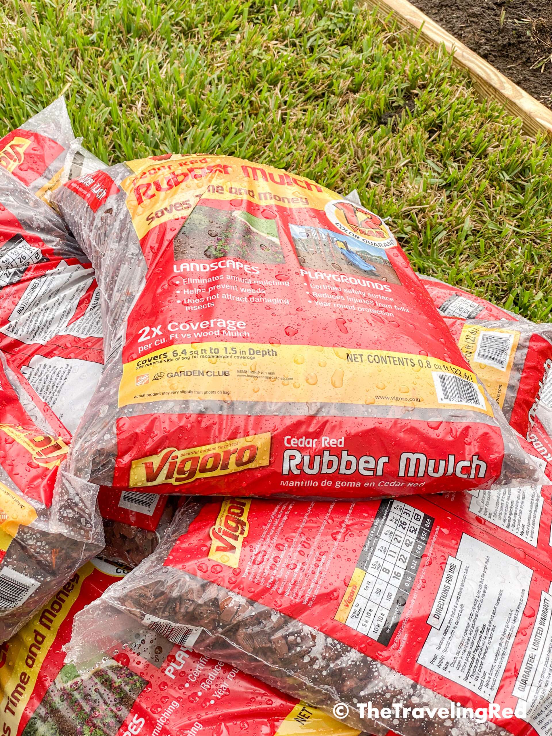 How to build a custom backyard playground with rubber mulch. Step 6 is to add the mulch. We chose red rubber mulch for aesthetic but to also keep it soft for the kids. This space will fit our swingset, playhouse, sandbox or any other outdoor toys you plan to include. Perfect little outdoor play space for your kids to enjoy playing outside.