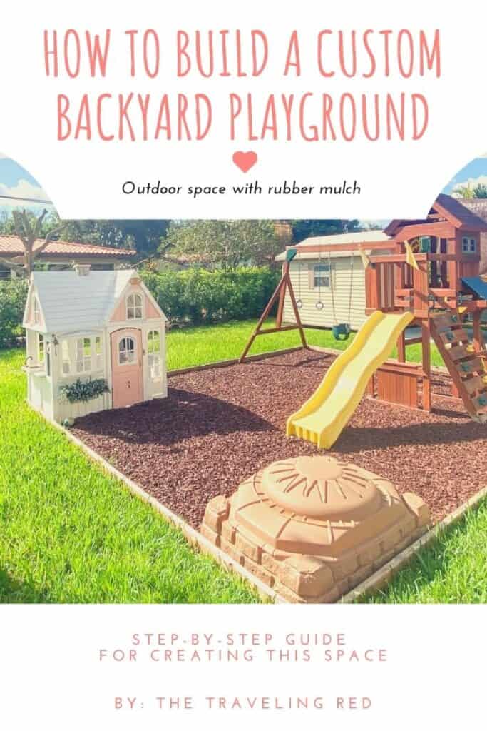 How we built a custom backyard playground with rubber mulch for our swingset, playhouse and sand box. Perfect little outdoor play space for your kids and it's soft on the feet.