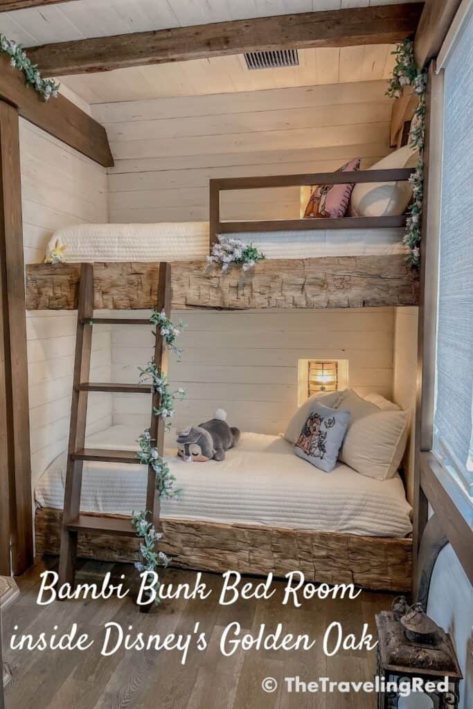 Rustic cabin bunk bed bedroom inside Disney's Golden Oak. Bambi themed kids bedroom with reclaimed wood, shiplap, greenery, flowers and lanterns throughout. Bedroom decorating inspiration. | Kids Rooms Inspo | Room Decor | Home Decor | Home Design | Farmhouse Bedroom | Interior Design