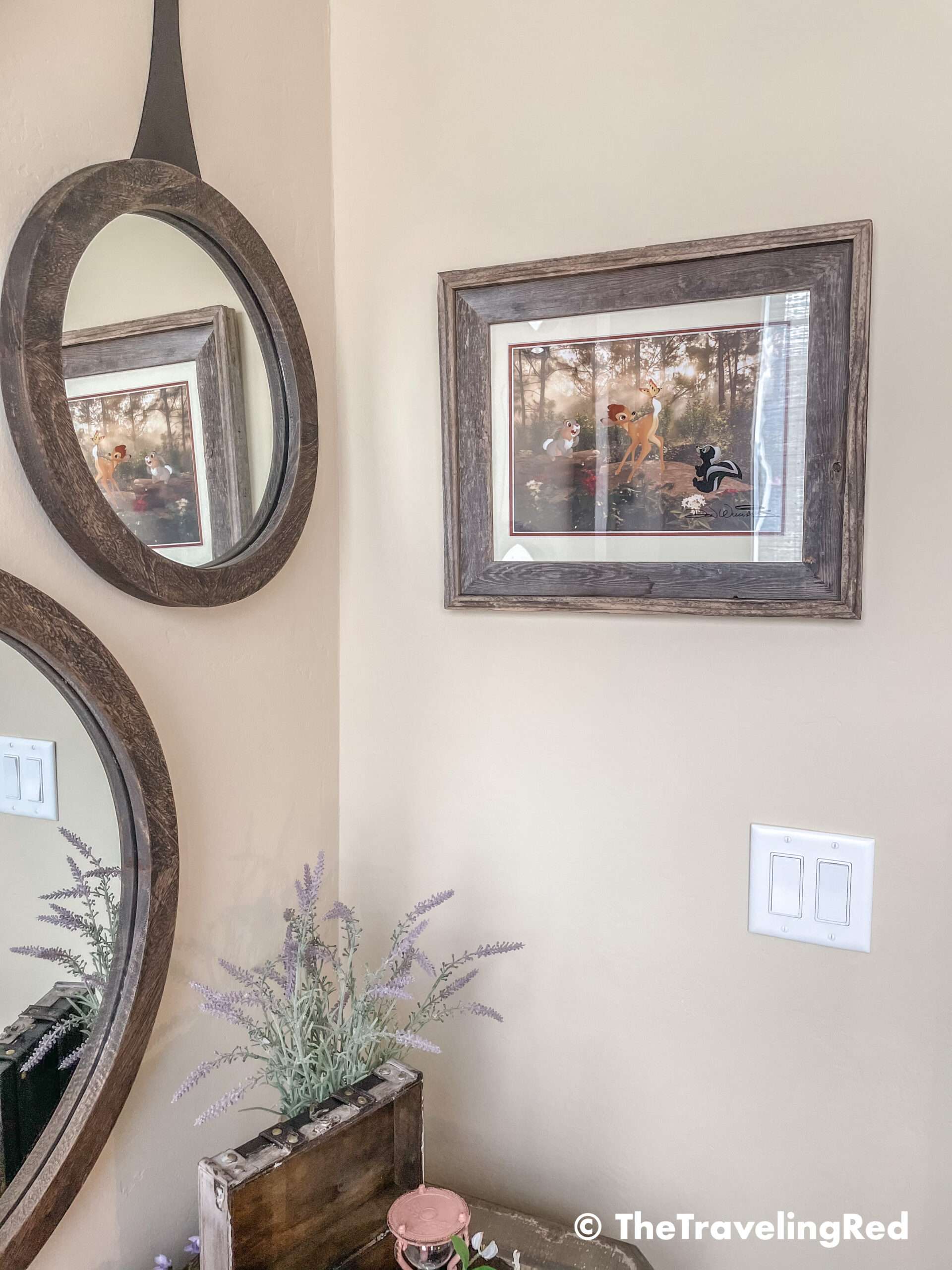 Bambi bunk bed room inside our Disney Golden Oak home. Inspiration for a tiny kids bedroom full of rustic charm and character. Reclaimed wood beams, shiplap, flowers and lanterns fill the room, along with Bambi details.