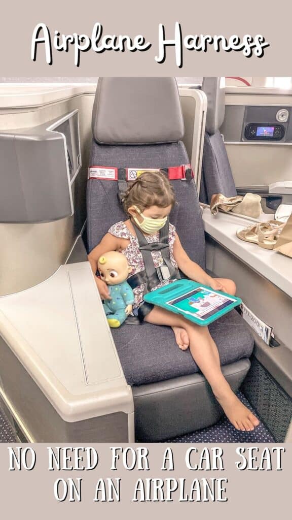 Traveling with kids hack. FAA approved airplane harness as an alternative to installing a car seat on an airplane. It it small and fits in your purse. The harness works with the airplane lap belt to restrain similar to a car seat. It does not affect the person sitting behind you because it goes under their tray table.
