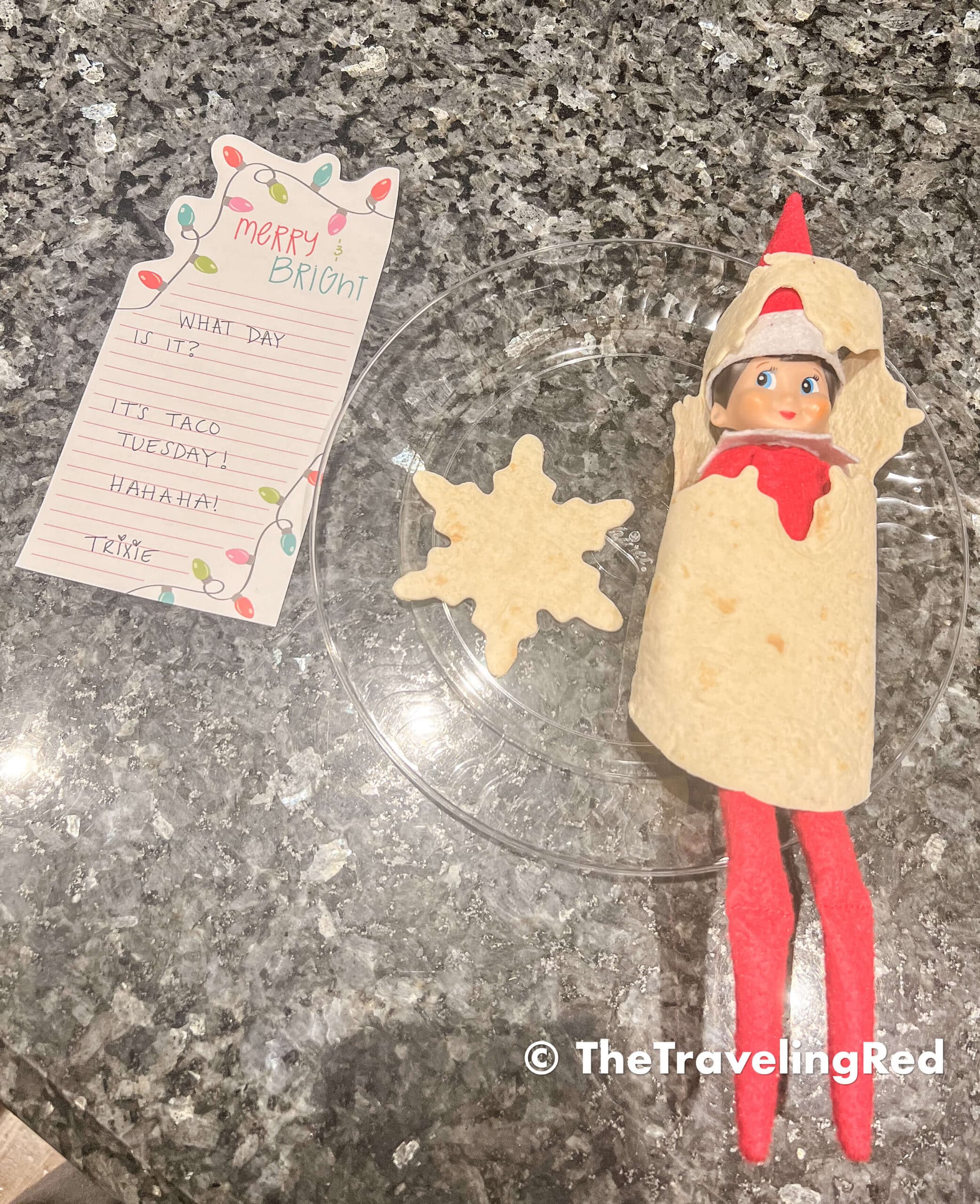 Naughty Elf on the shelf used a tortilla to wrap herself up to remind us that its Taco Tuesday. Fun and easy elf on the shelf ideas for a naughty elf that are quick and easy using things you have at home.