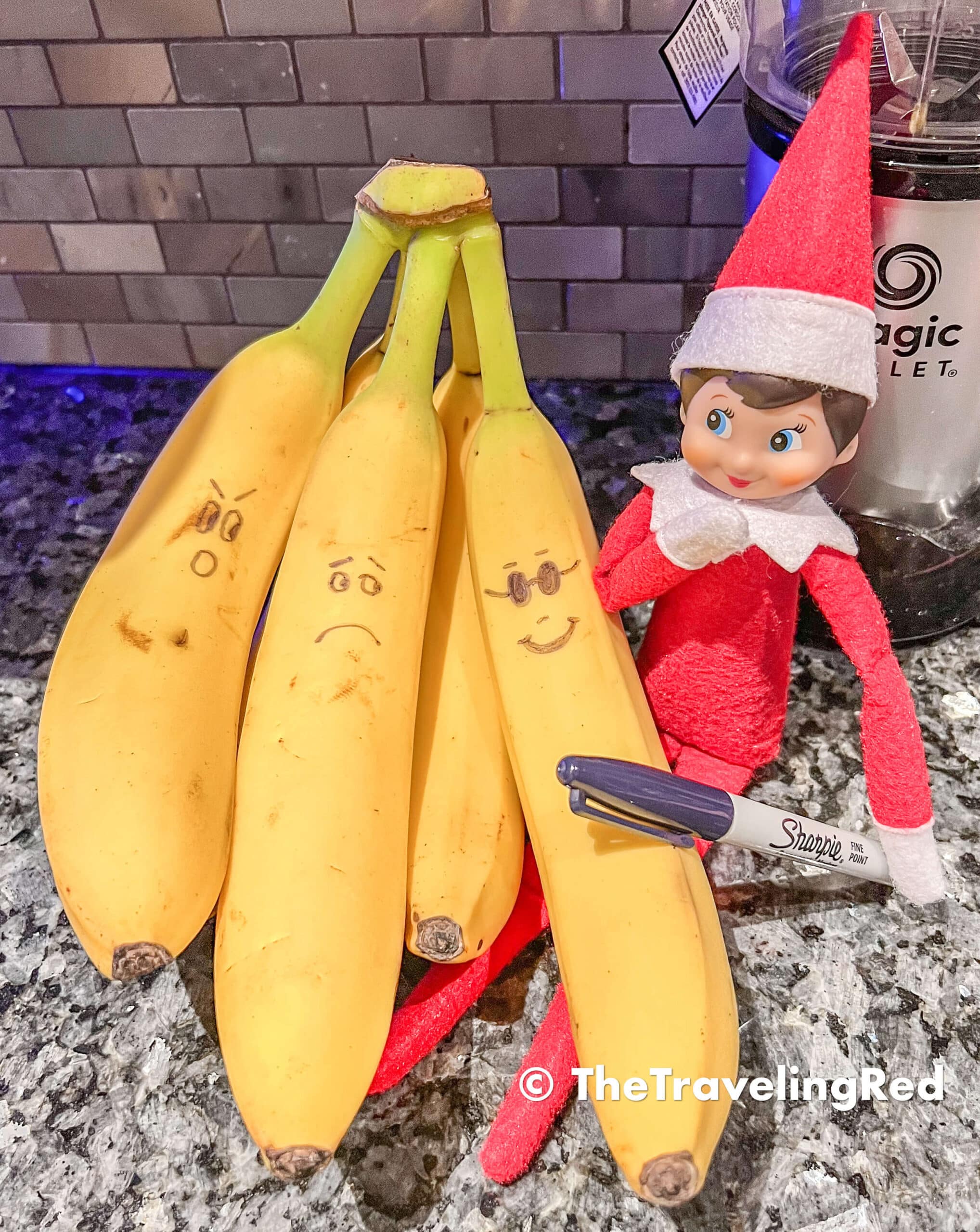 Naughty Elf on the shelf borrowed a sharpie to draw faces on our bananas. Fun and easy elf on the shelf ideas for a naughty elf that are quick and easy using things you have at home.