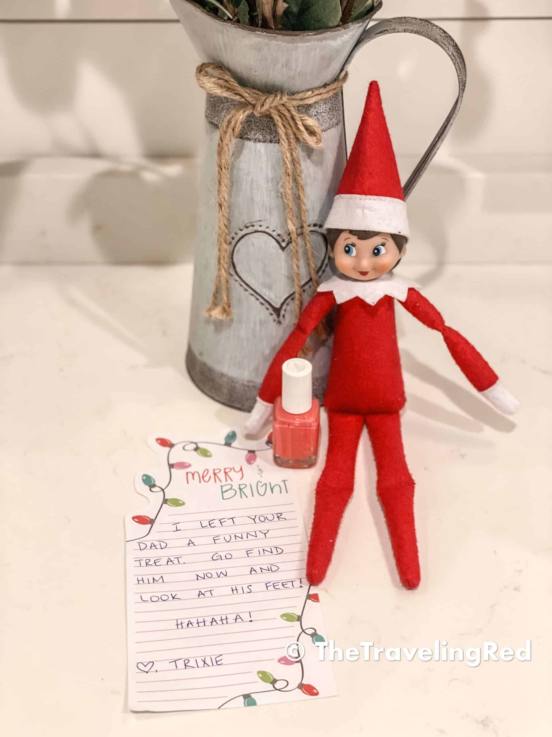 Naughty Elf on the shelf painted my husband's toenails bright pink and left a funny note next to the hot pink nail polish telling our daughter to check her dads feet. They used brown paper bags for a potato sack race. Fun and easy elf on the shelf ideas for a naughty elf that are quick and easy using things you have at home.