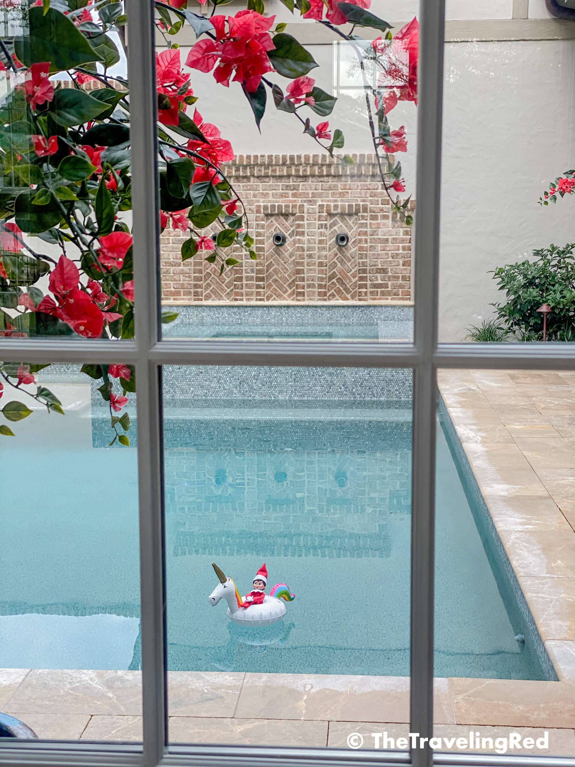 Naughty Elf on the shelf used a unicorn cup float to lounge in the pool. Fun and easy elf on the shelf ideas for a naughty elf that are quick and easy using things you have at home.