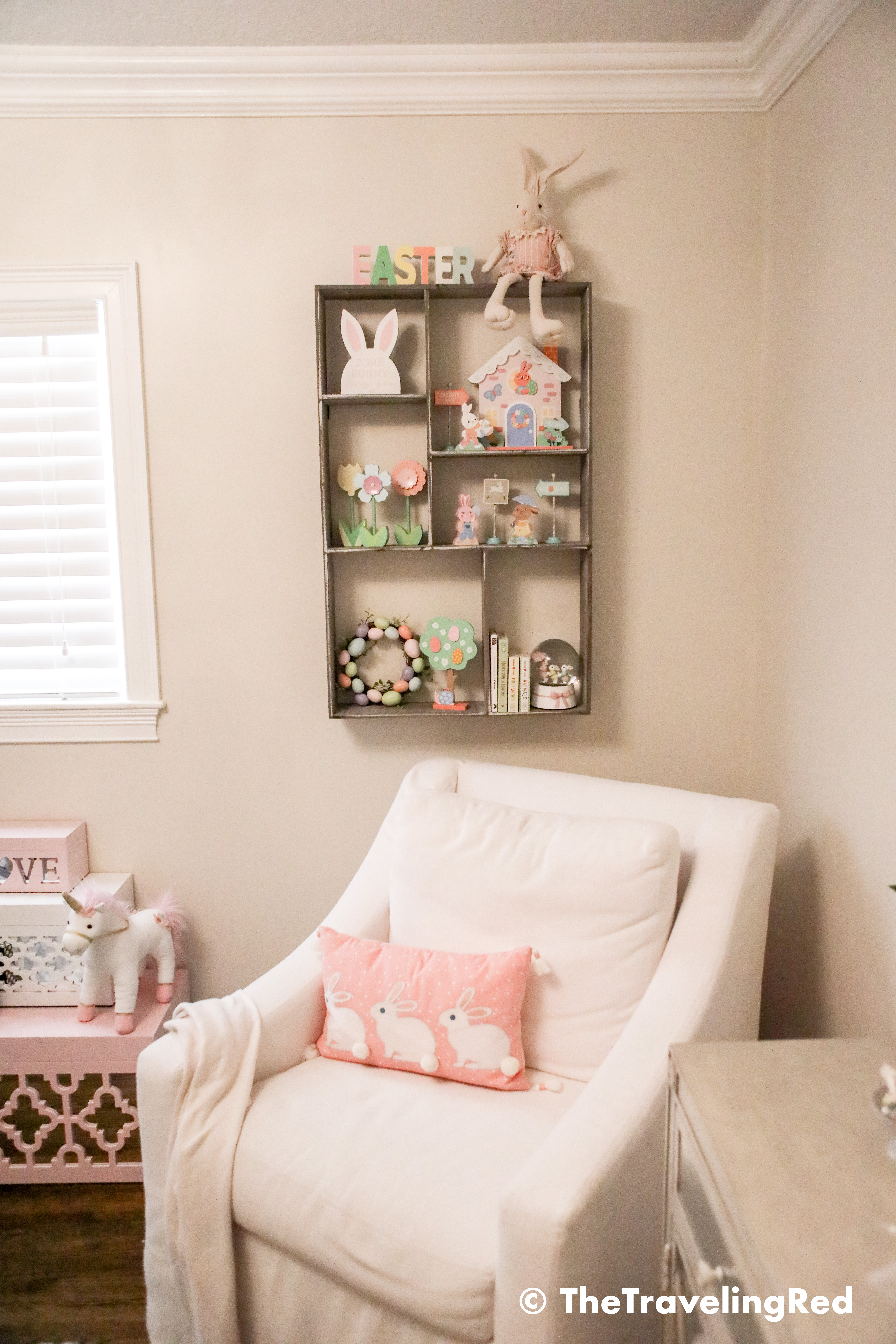 Little girls bedroom decorated for Easter. Bunnies, carrots, pastels, flowers all for my pink and white farmhouse little girls bedroom. Bedroom seasonal decorations.