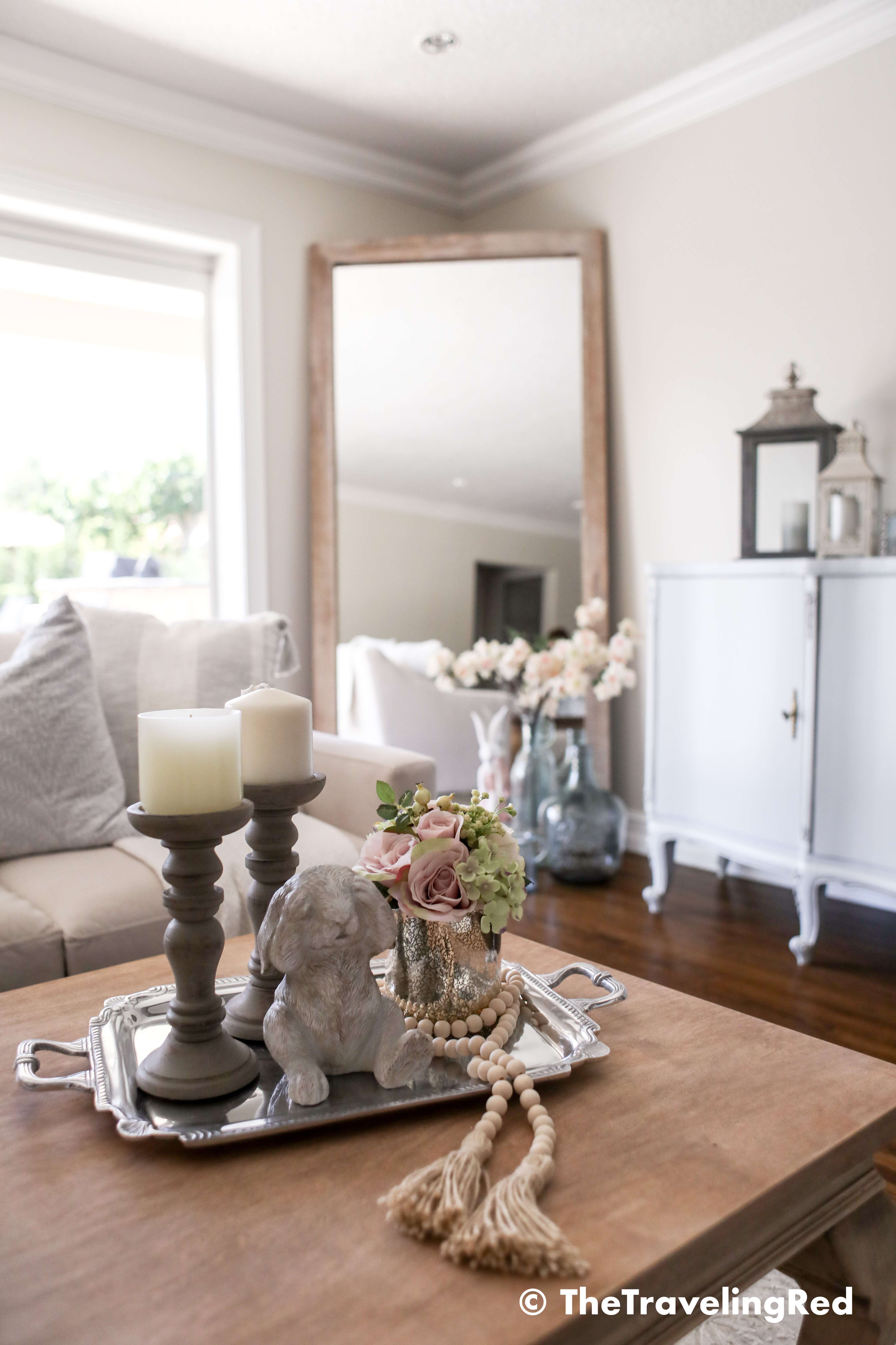 Easter home decor details in my living room and family room. Seasonal decorations perfect for spring and easter. Pillows, bunnies, candles and decor to fill the space in my modern farmhouse.