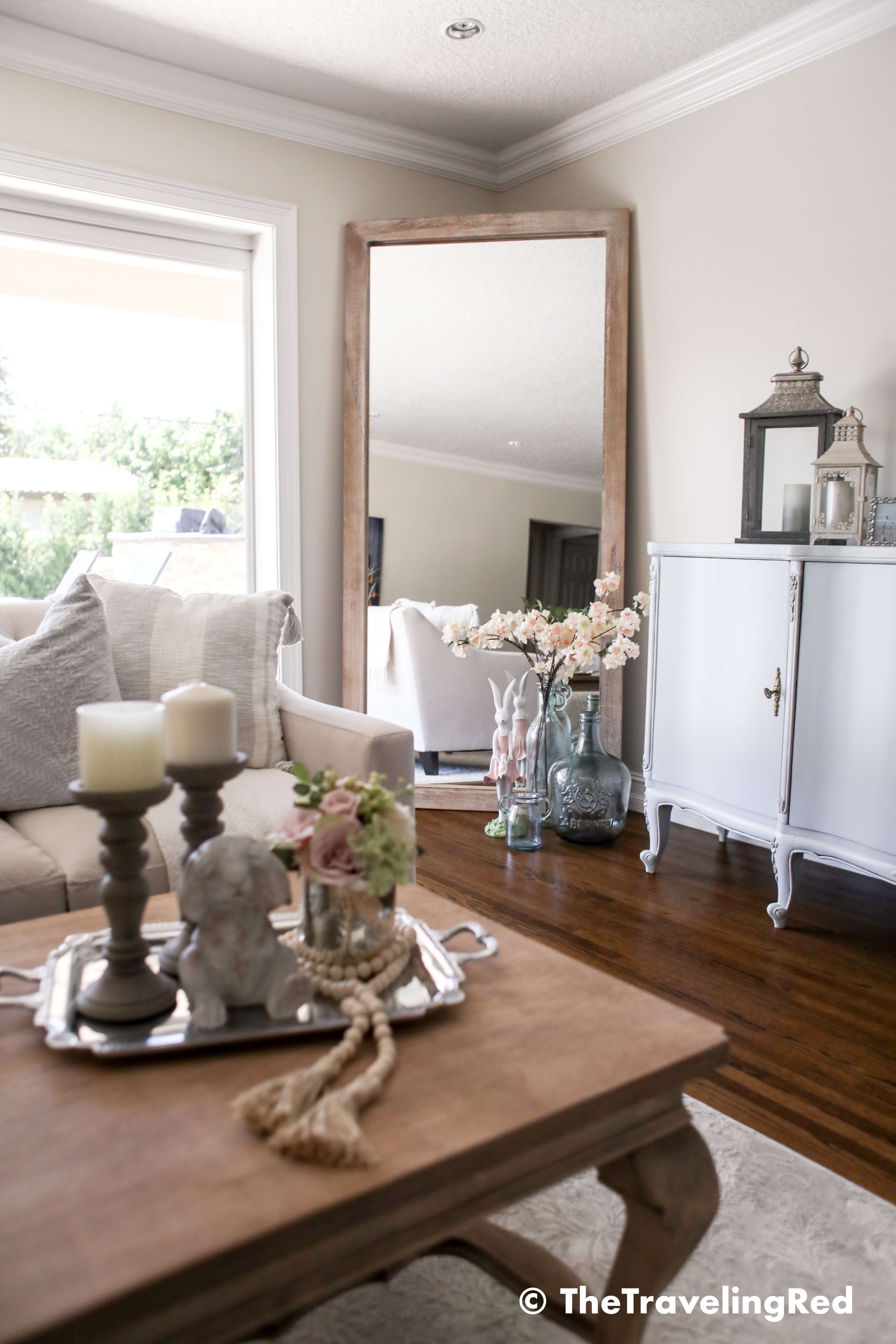Easter home decor details in my living room and family room. Seasonal decorations perfect for spring and easter. Pillows, bunnies, candles and decor to fill the space in my modern farmhouse.