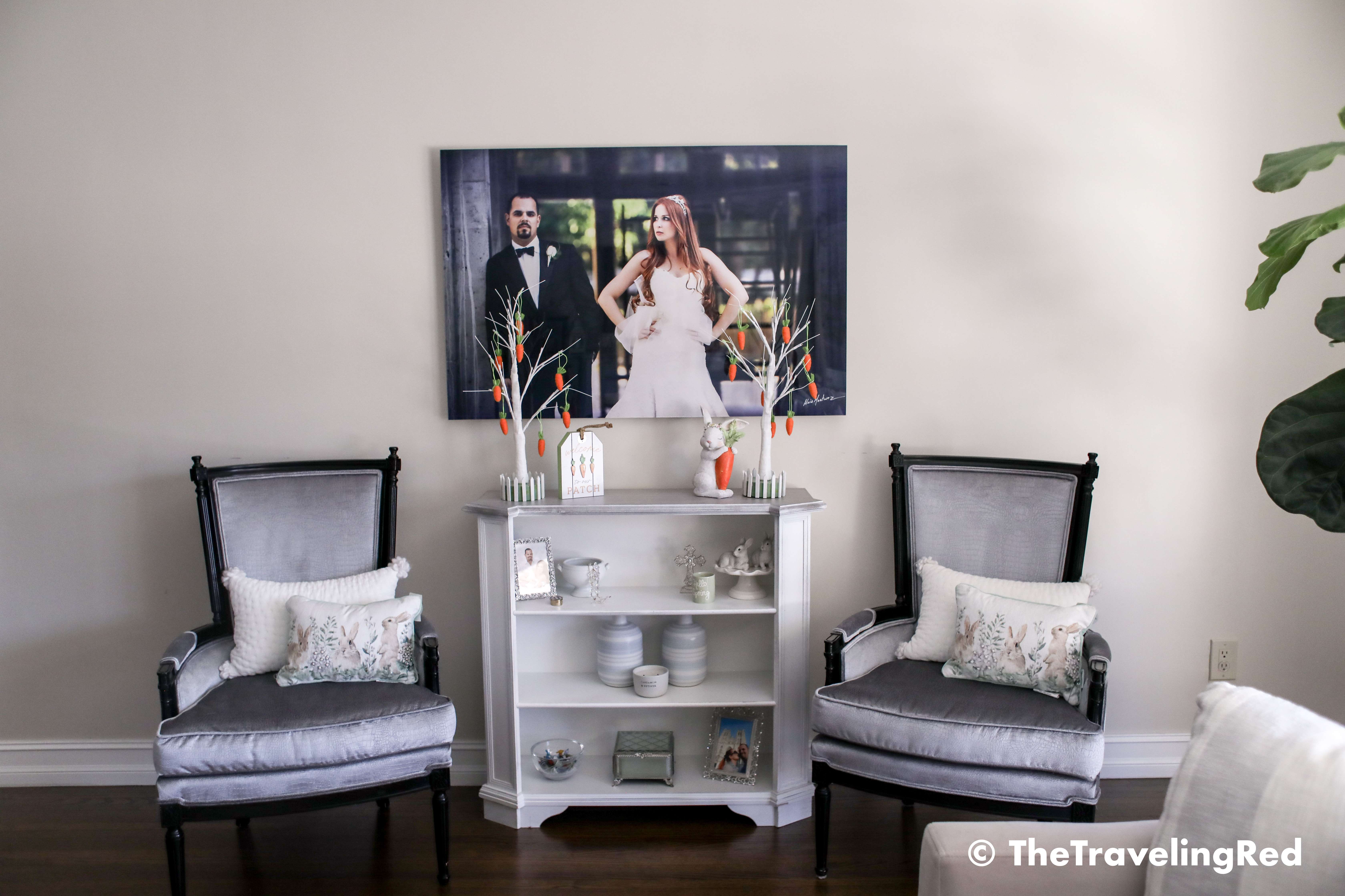 Easter home decor details in my living room and family room. Seasonal decorations perfect for spring and easter. Pillows, bunnies, candles and decor to fill the space in my modern farmhouse.