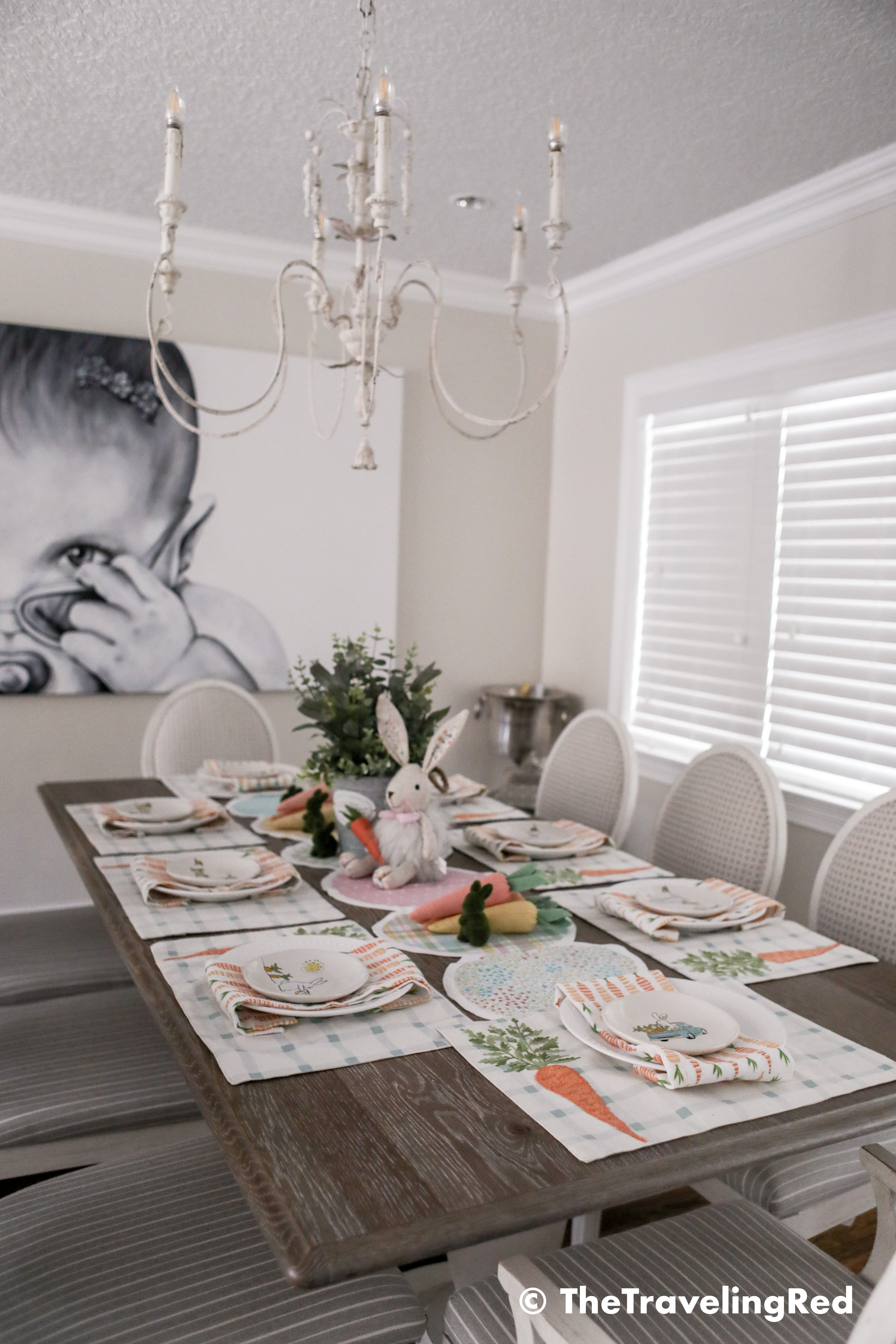 Dining room easter tablescape. Bunnies, carrots, pastels, flowers all for my farmhouse dining room. Dining room seasonal decorations.