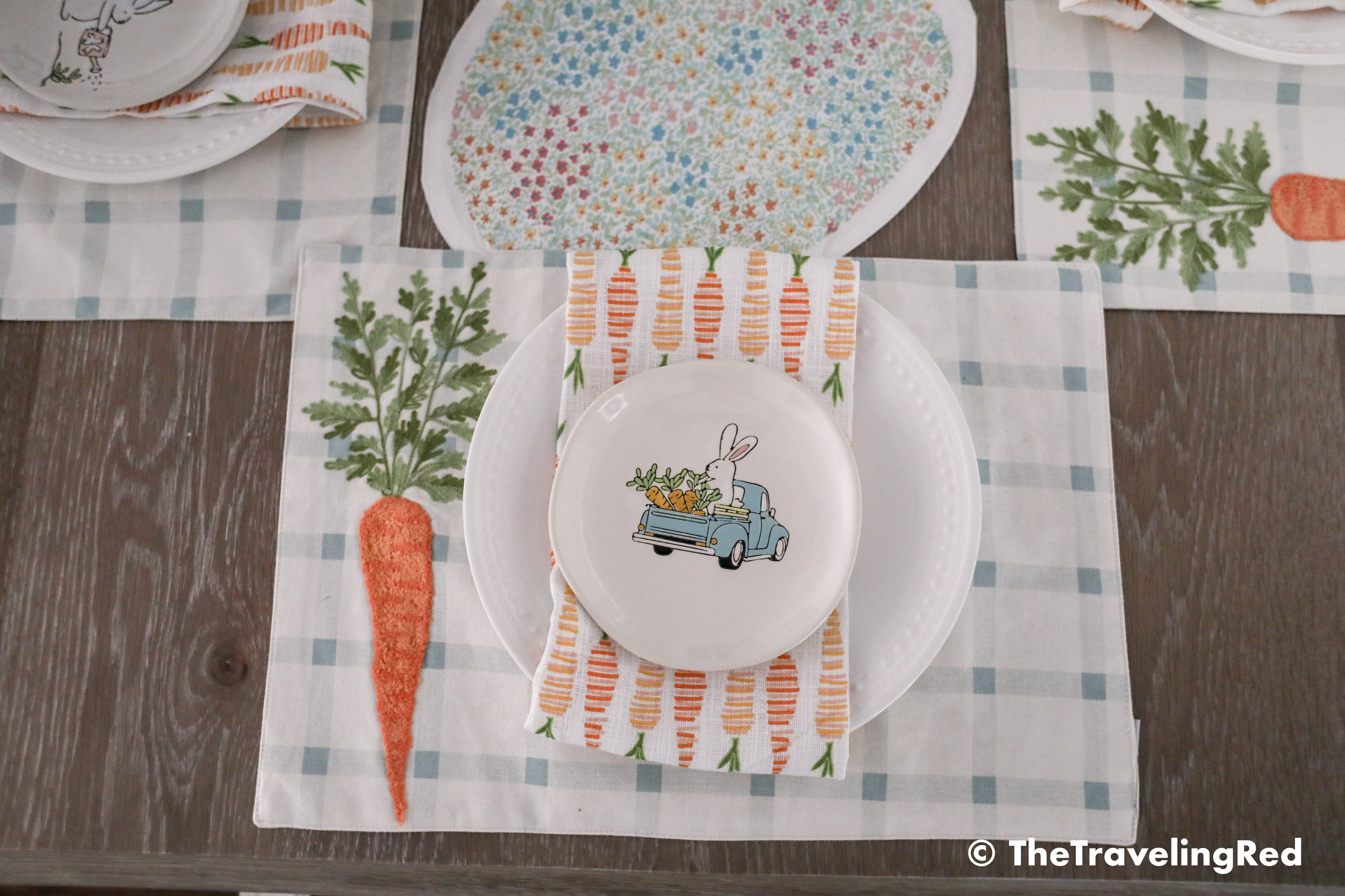 Dining room easter tablescape. Bunnies, carrots, pastels, flowers all for my farmhouse dining room. Dining room seasonal decorations.