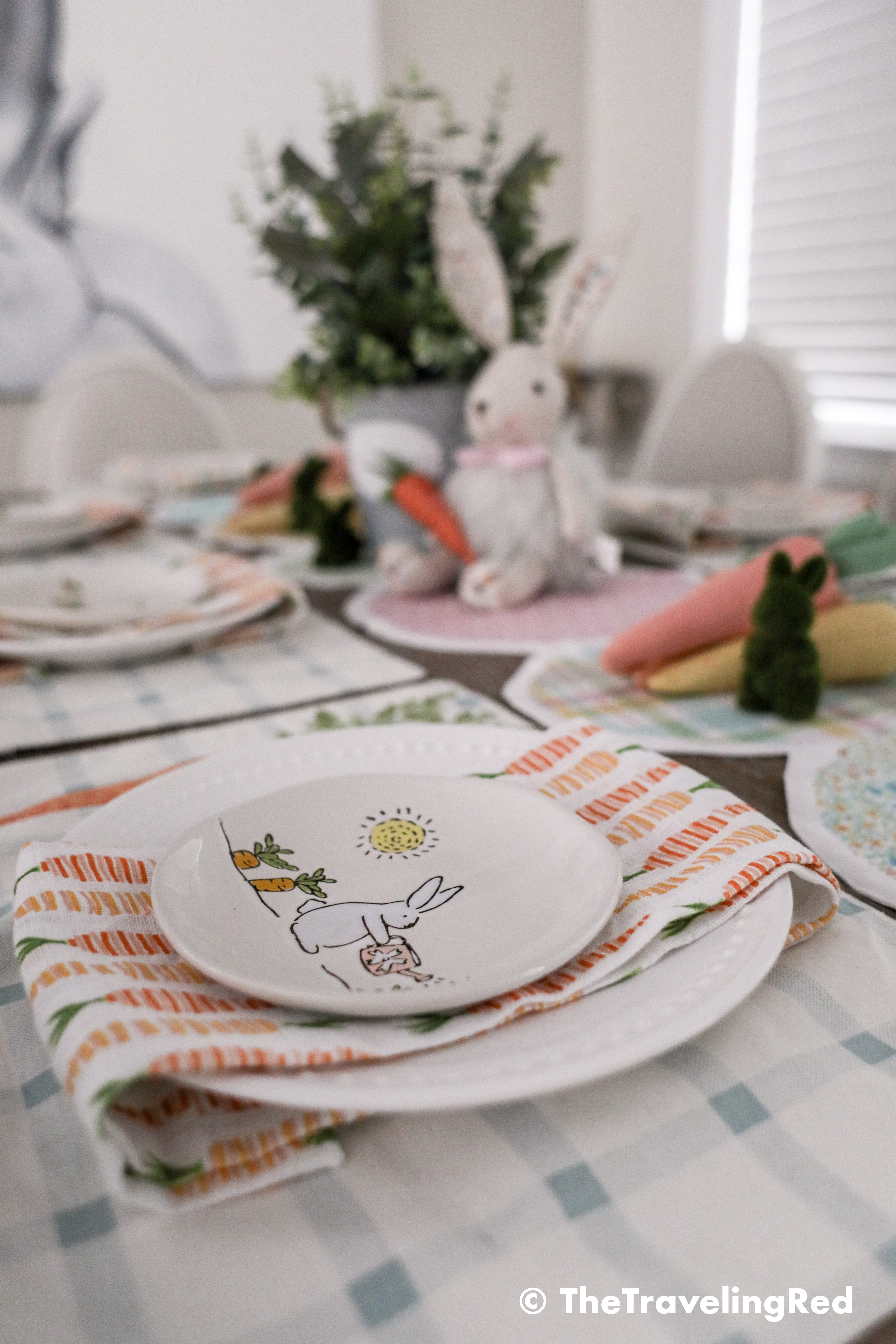 Dining room easter tablescape. Bunnies, carrots, pastels, flowers all for my farmhouse dining room. Dining room seasonal decorations.