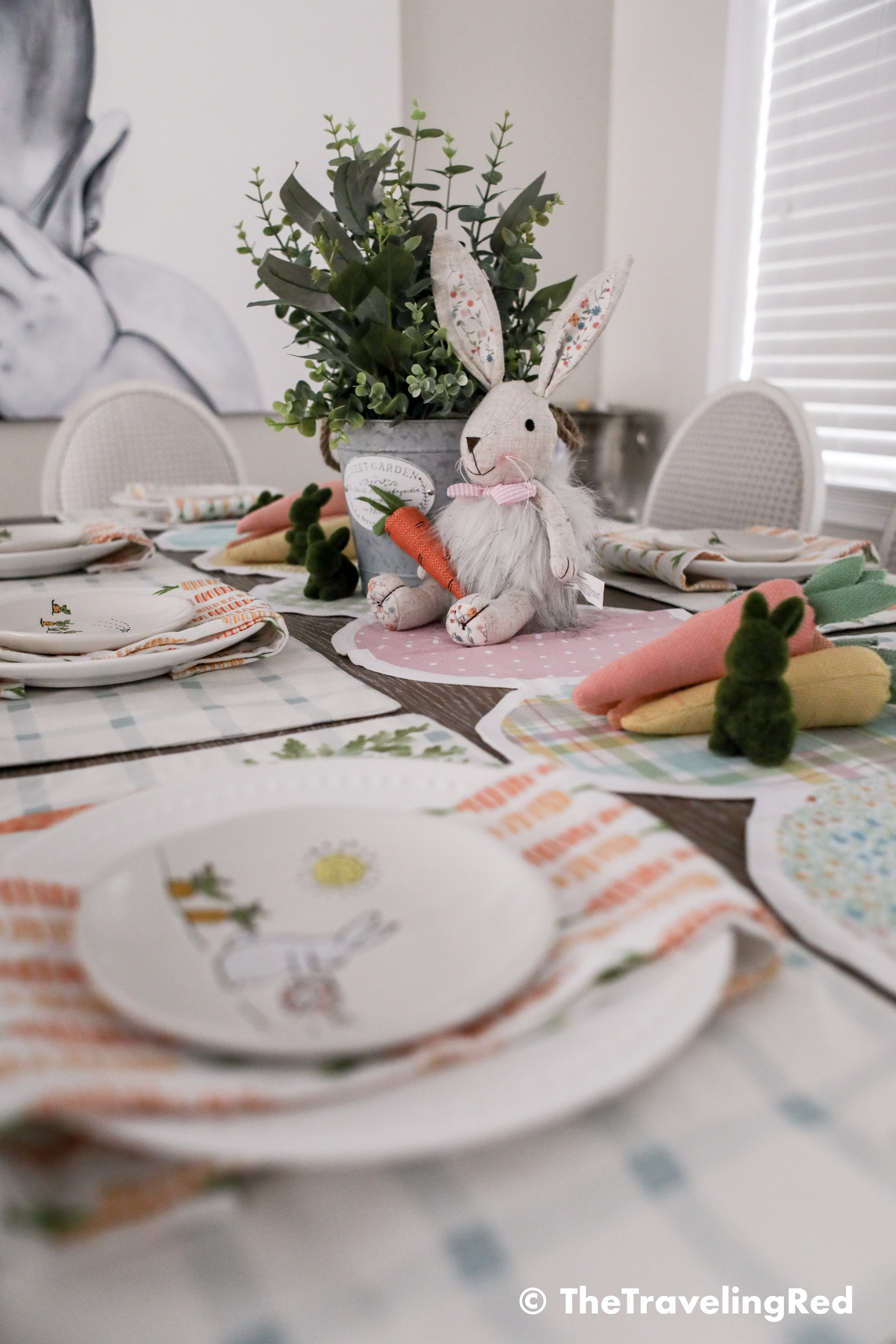 Dining room easter tablescape. Bunnies, carrots, pastels, flowers all for my farmhouse dining room. Dining room seasonal decorations.