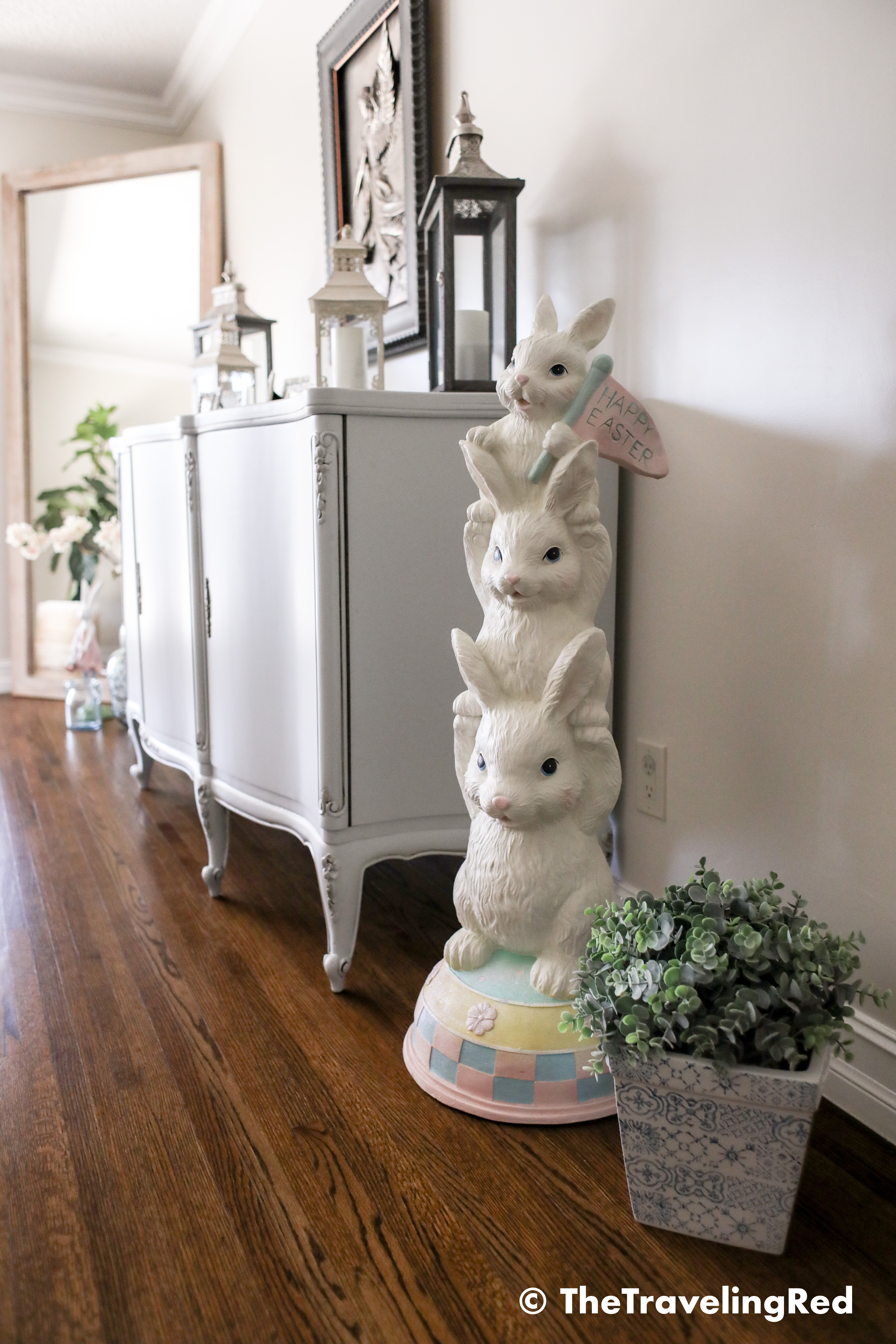 Easter home decor details in my living room and family room. Seasonal decorations perfect for spring and easter. Pillows, bunnies, candles and decor to fill the space in my modern farmhouse.