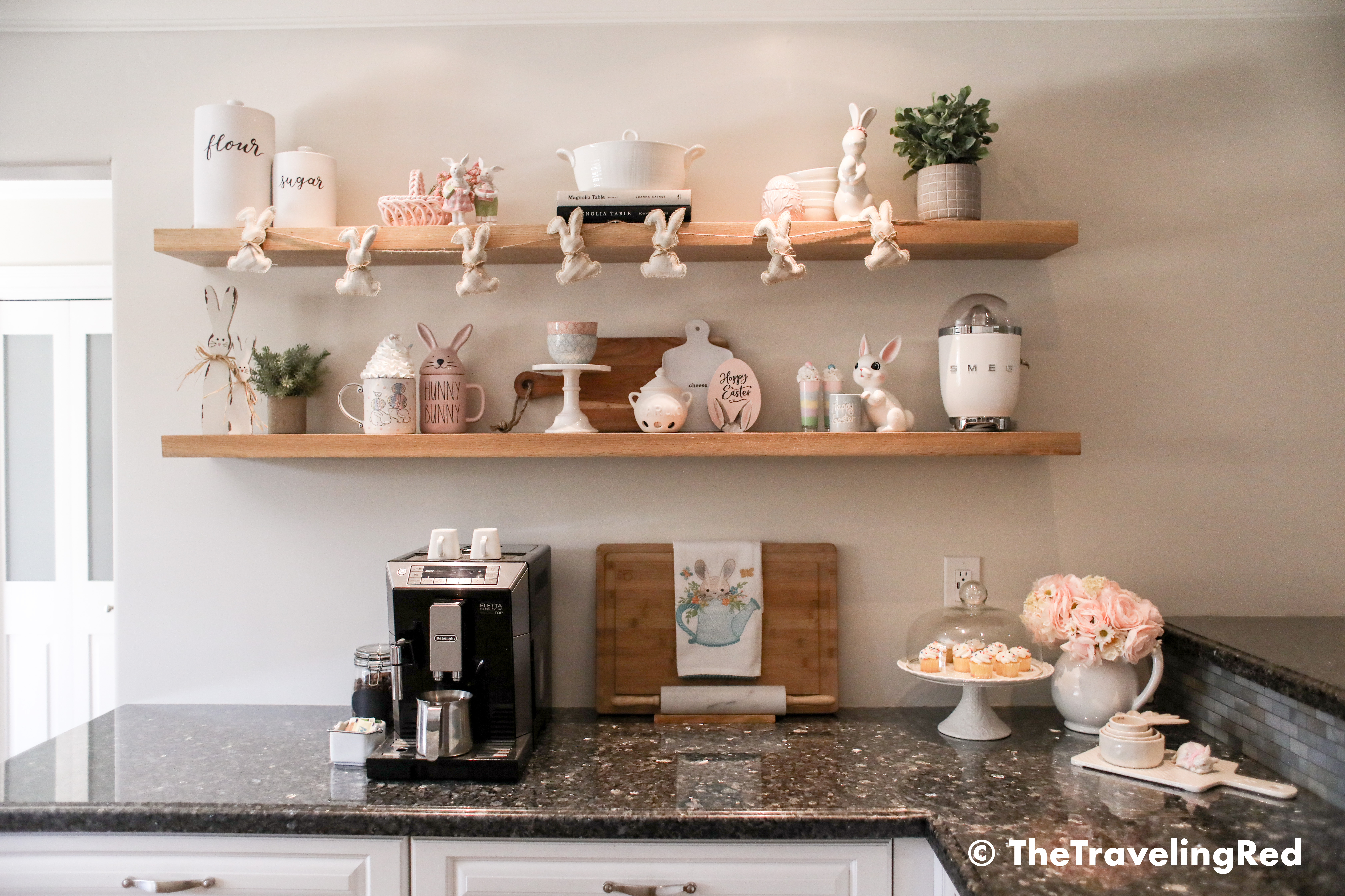 Kitchen easter shelf decor. Bunnies, candles, pastels, flowers all for my wood farmhouse shelving. Shelfie. Kitchen seasonal decorations.