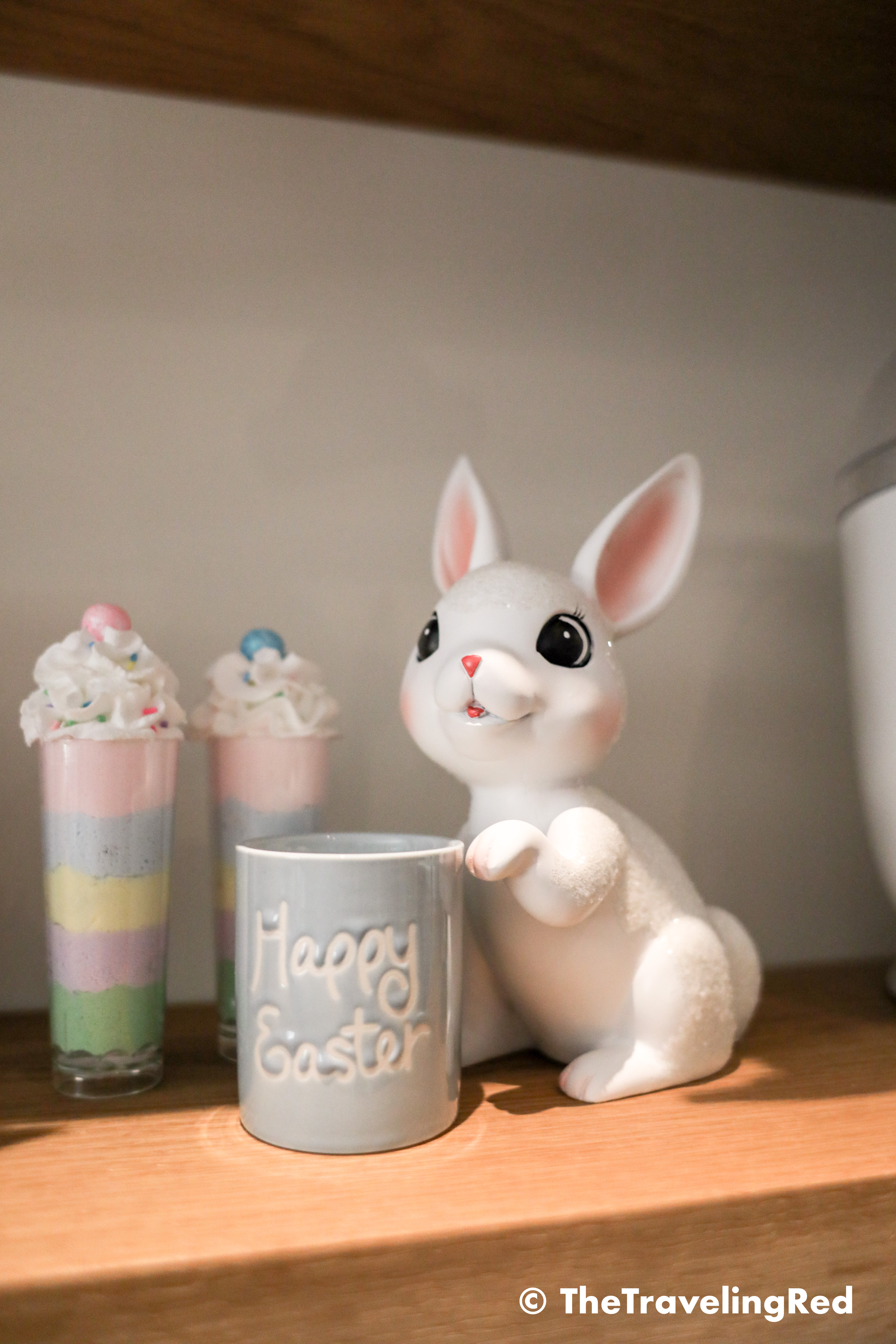 Kitchen easter shelf decor. Bunnies, candles, pastels, flowers all for my wood farmhouse shelving. Shelfie. Kitchen seasonal decorations.