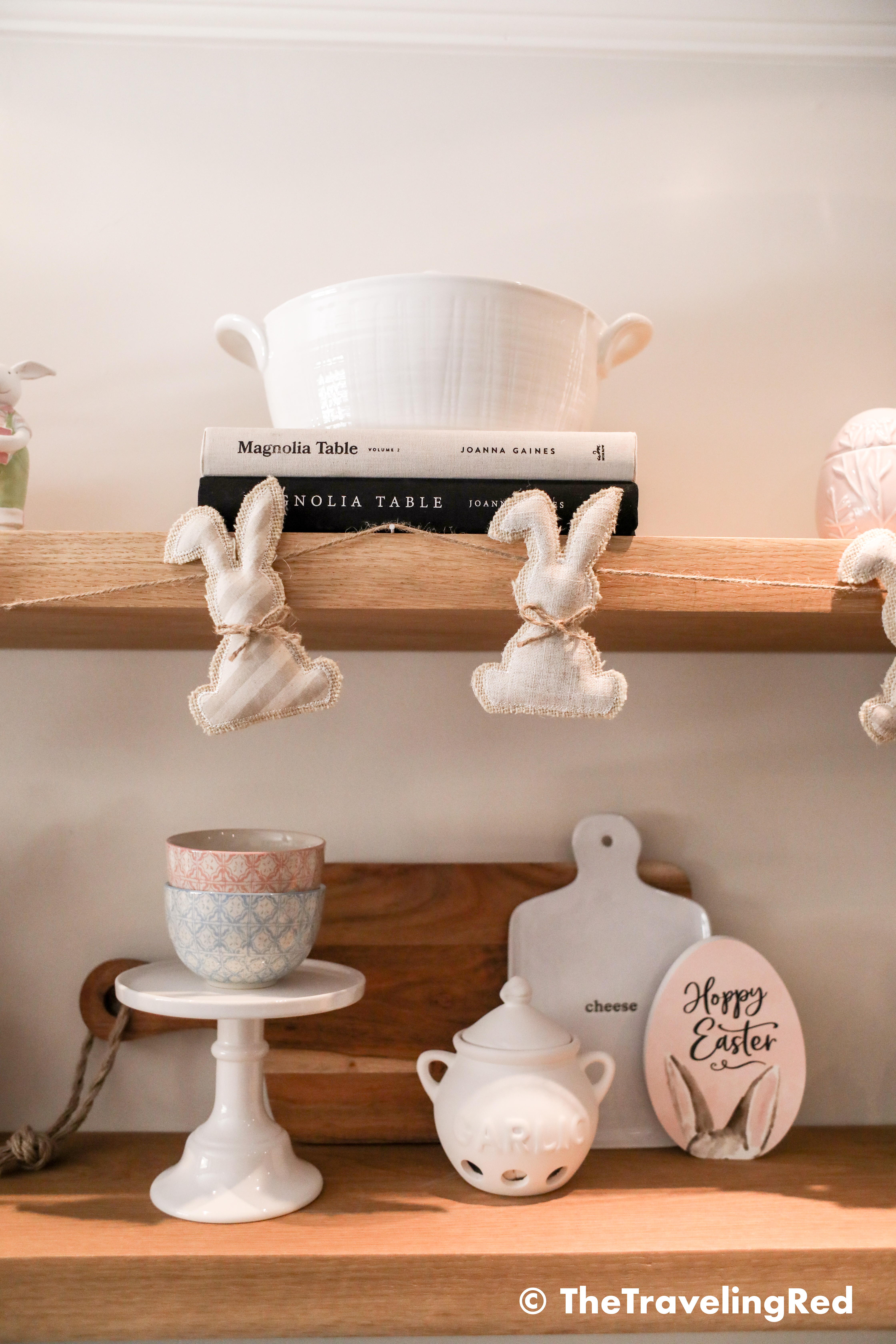 Kitchen easter shelf decor. Bunnies, candles, pastels, flowers all for my wood farmhouse shelving. Shelfie. Kitchen seasonal decorations.