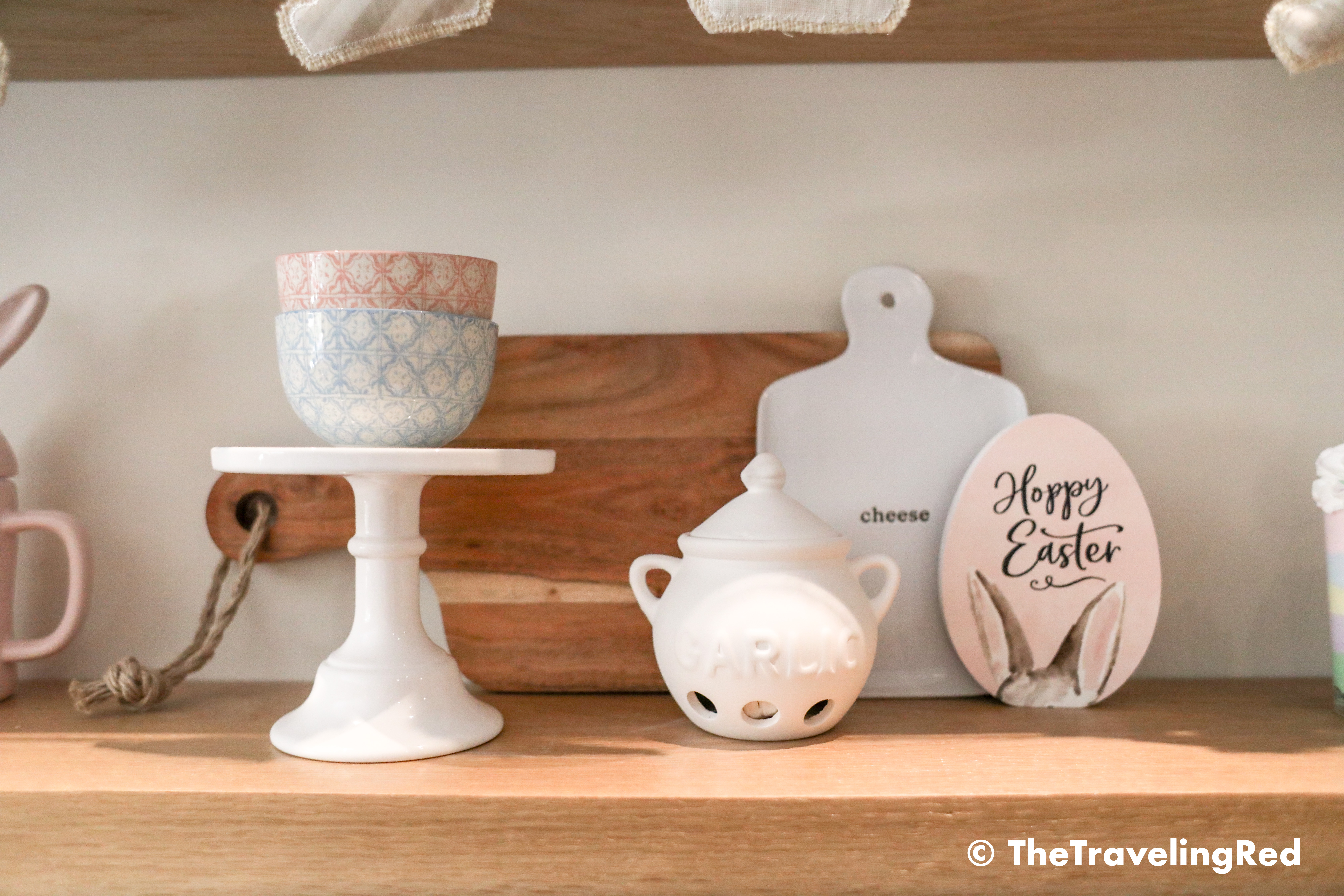 Kitchen easter shelf decor. Bunnies, candles, pastels, flowers all for my wood farmhouse shelving. Shelfie. Kitchen seasonal decorations.