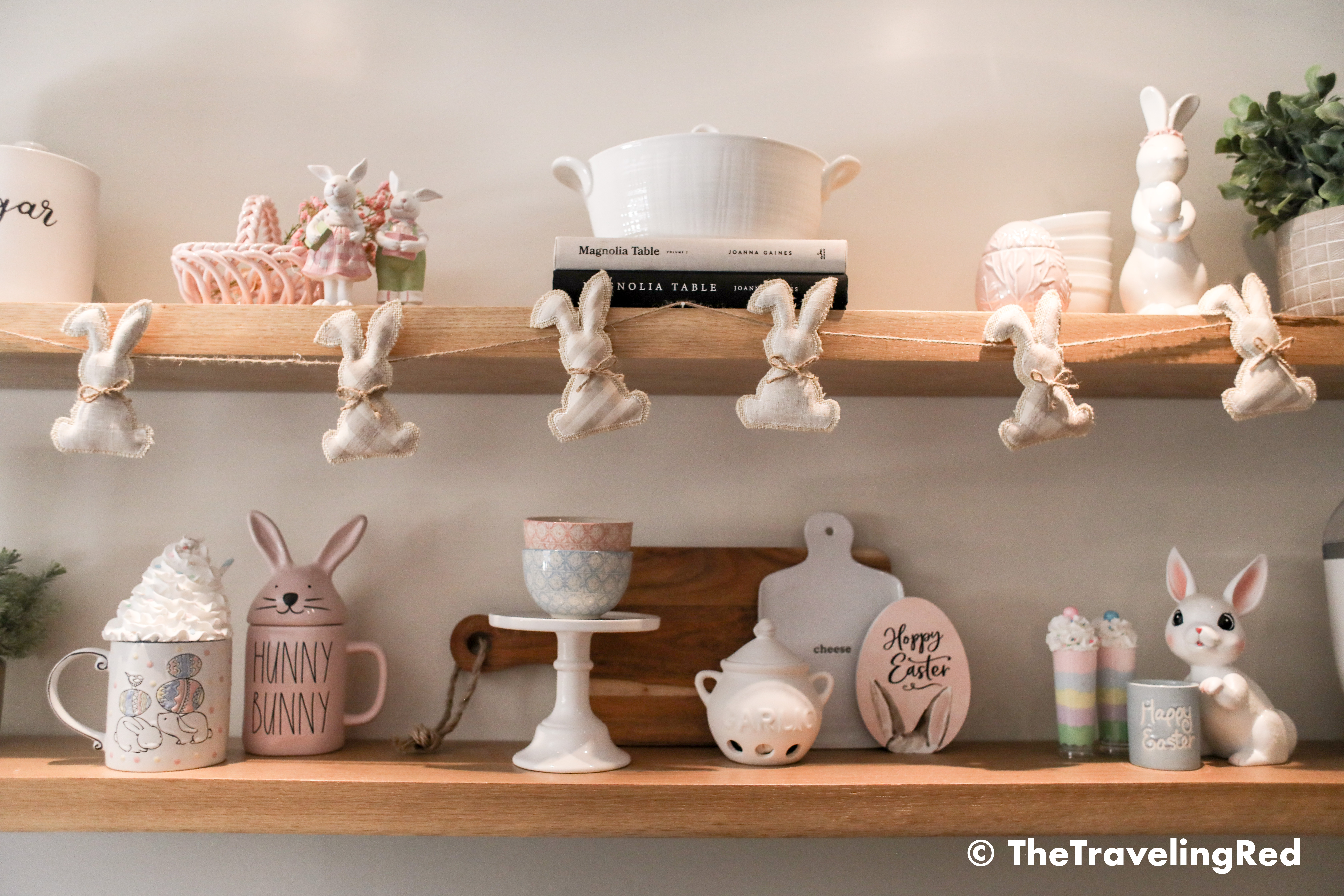 Kitchen easter shelf decor. Bunnies, candles, pastels, flowers all for my wood farmhouse shelving. Shelfie. Kitchen seasonal decorations.