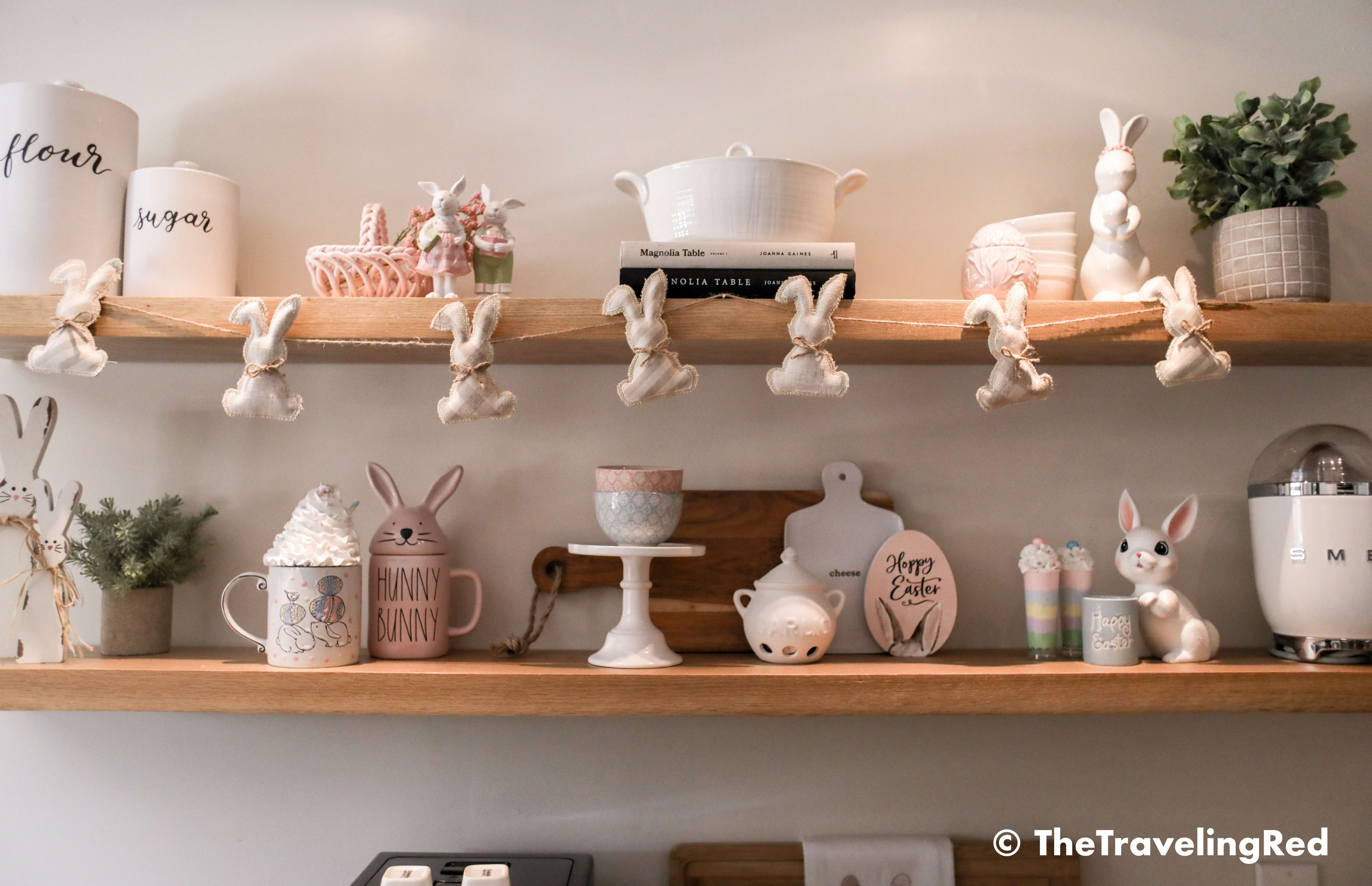 Kitchen easter shelf decor. Bunnies, candles, pastels, flowers all for my wood farmhouse shelving. Shelfie. Kitchen seasonal decorations.