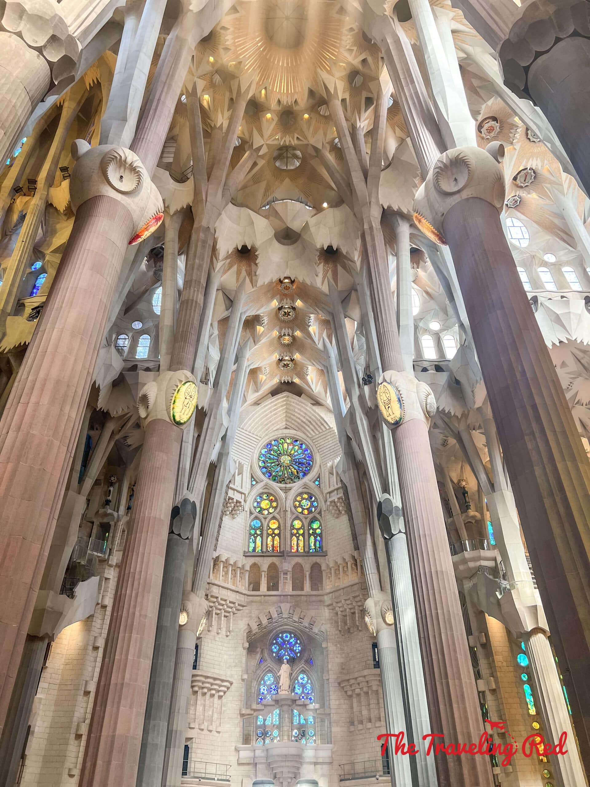 Inside the Sagrada Familia, the famous Basilica in Barcelona, Spain by Antoni Gaudi. Here's our full 7 day barcelona itinerary. Everything you need to know for one week in Barcelona, Spain. By The Traveling Red