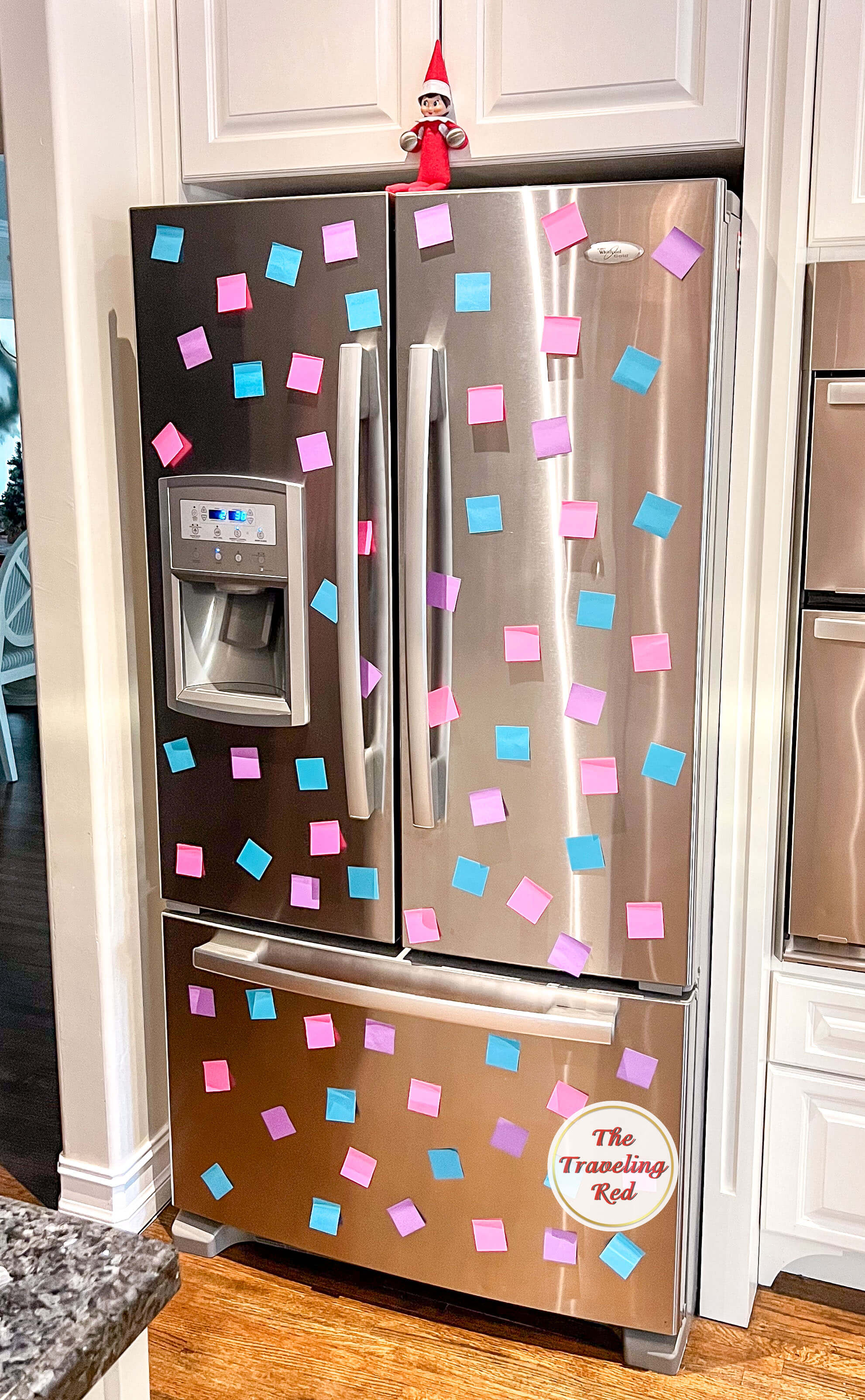 Elf on the Shelf Ideas: Elf covered the fridge in sticky notes. Used post it notes to decorate the refrigerator. Over 100 easy and quick elf on the shelf ideas that are fun. By The Traveling Red