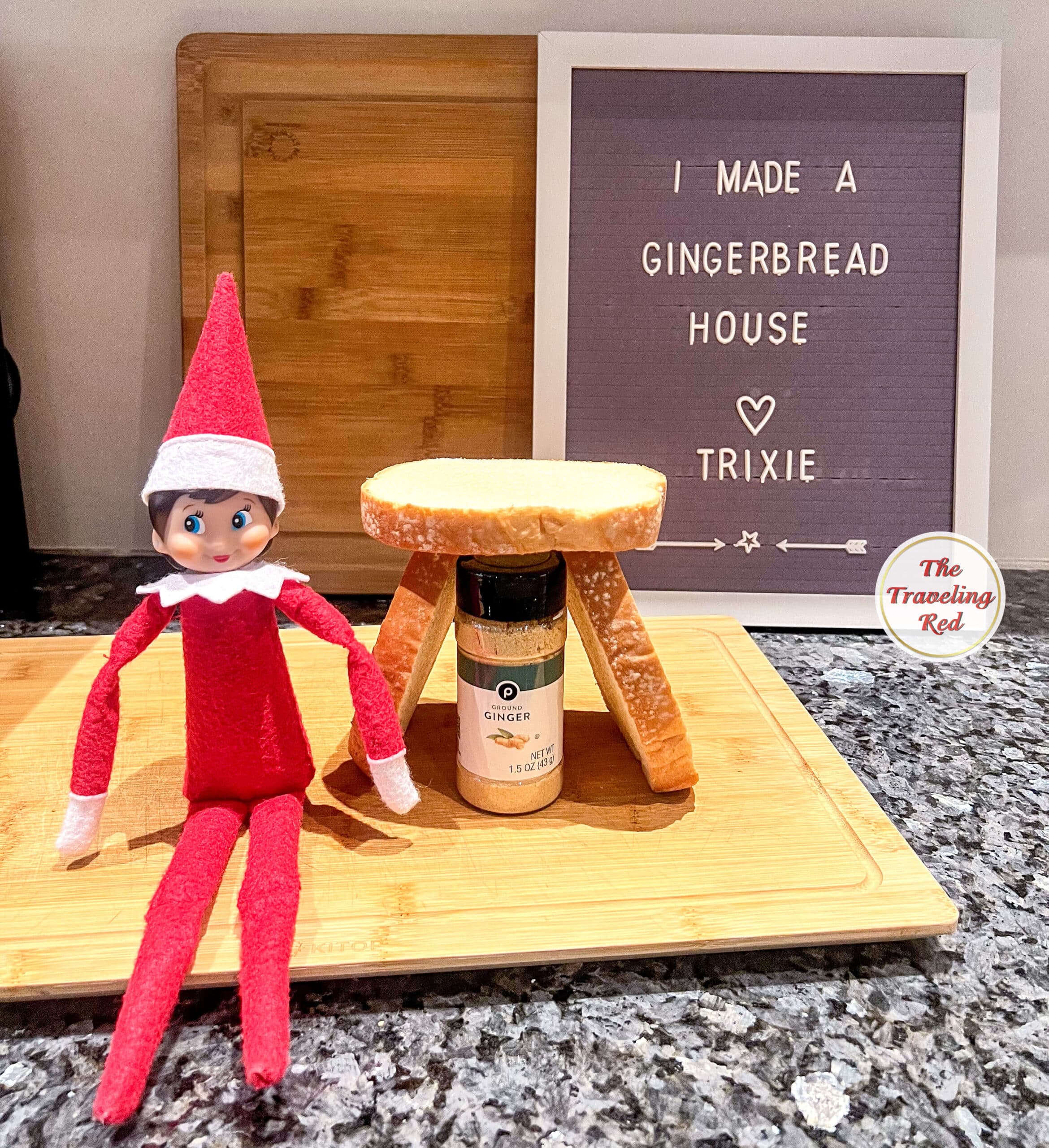 Elf on the Shelf Ideas: Elf made a gingerbread house using a bottle of ginger powder surrounded by bread slices. Over 100 easy and quick elf on the shelf ideas that are fun. By The Traveling Red