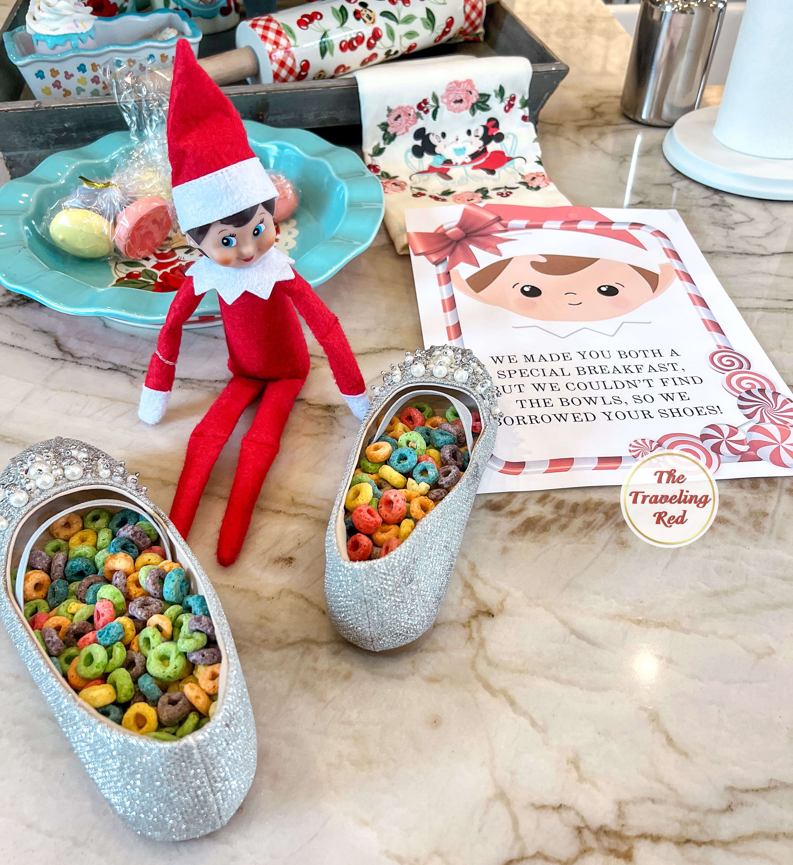 Elf on the Shelf Ideas: Elf put cereal in the girls dress shoes and said she made breakfast but couldn't find a bowl. Over 100 easy and quick elf on the shelf ideas that are fun. By The Traveling Red