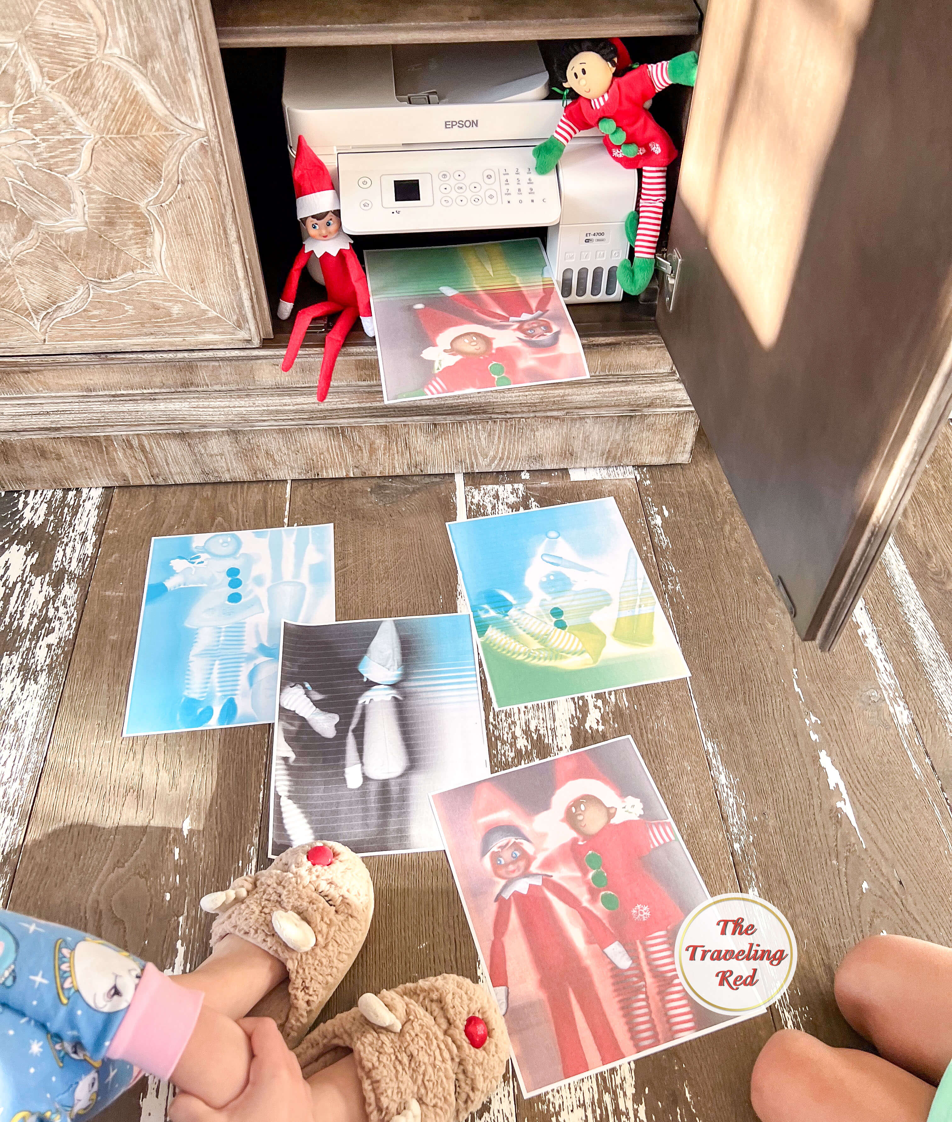 Elf on the Shelf Ideas: Elf got together with a friend and made lots of photo copies and left them spread out on the floor next to the copy machine printer. Over 100 easy and quick elf on the shelf ideas that are fun. By The Traveling Red