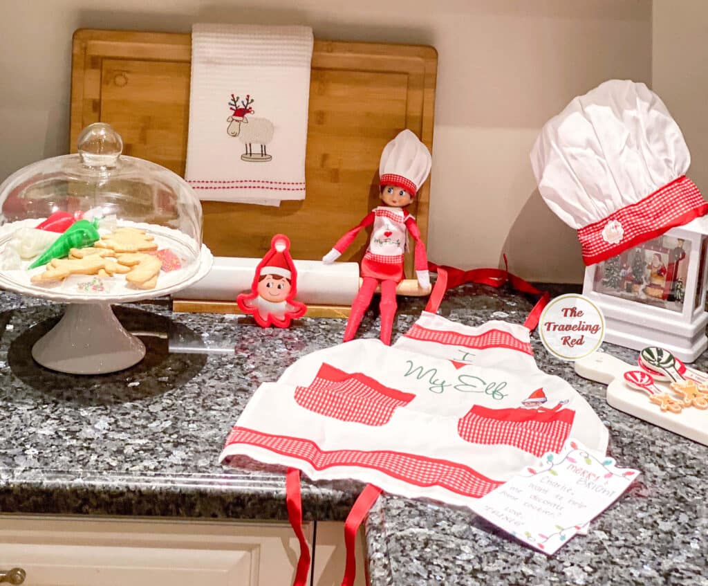 Elf on the Shelf Ideas: Elf brought the supplied to bake. Over 100 easy and quick elf on the shelf ideas that are fun. By The Traveling Red