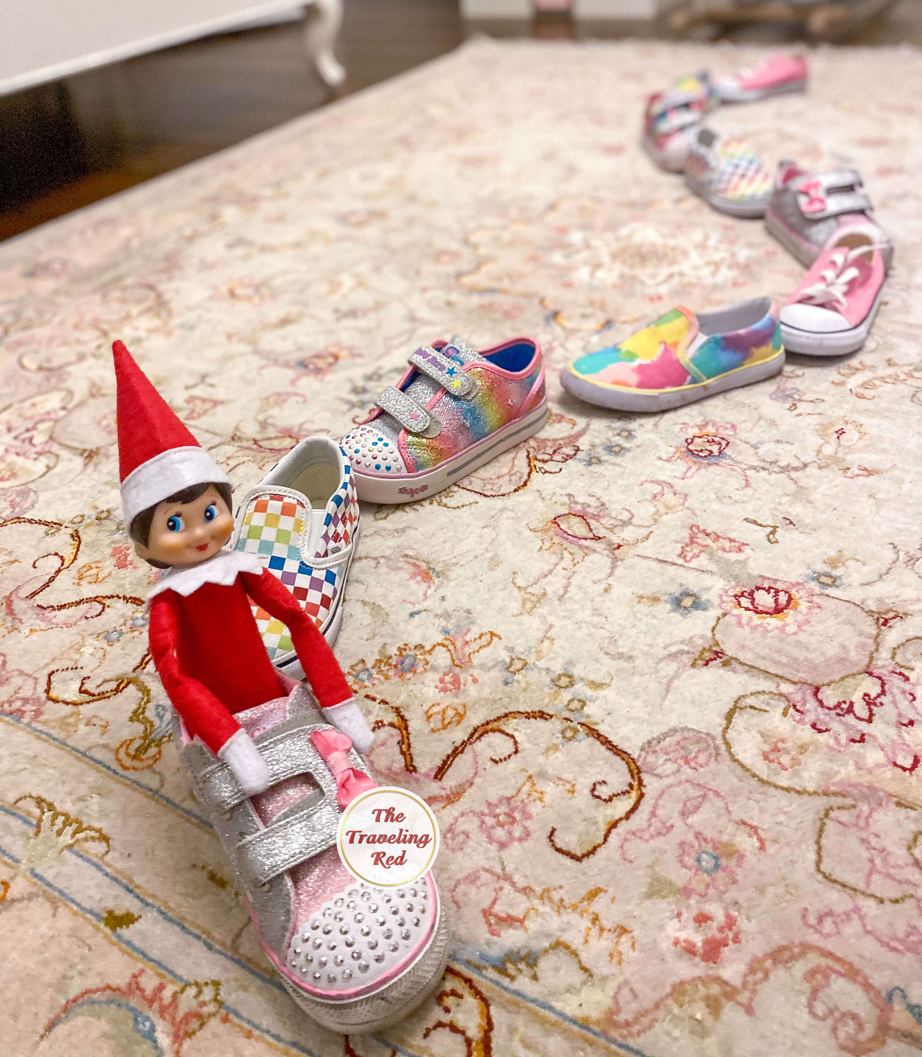 Elf on the Shelf Ideas: Elf made a Shoe Shoe Train which is a play on Choo Choo train. Its several shoes lined up, each with a doll or toy inside and a sign on the front. Over 100 easy and quick elf on the shelf ideas that are fun. By The Traveling Red